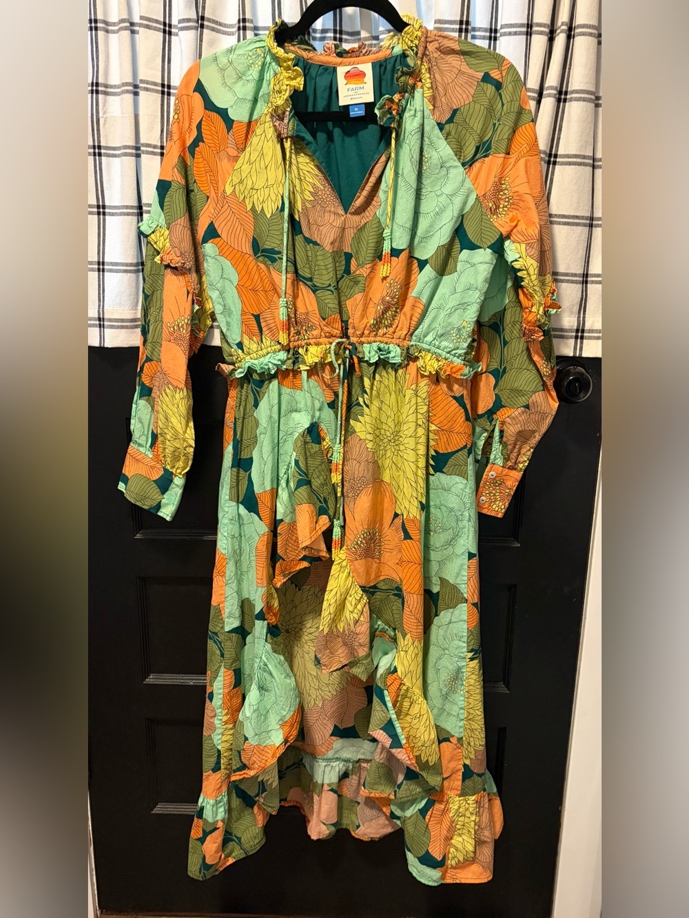Farm Anthropologie Green and Orange Floral Ruffle Trim Dress with beaded ties.